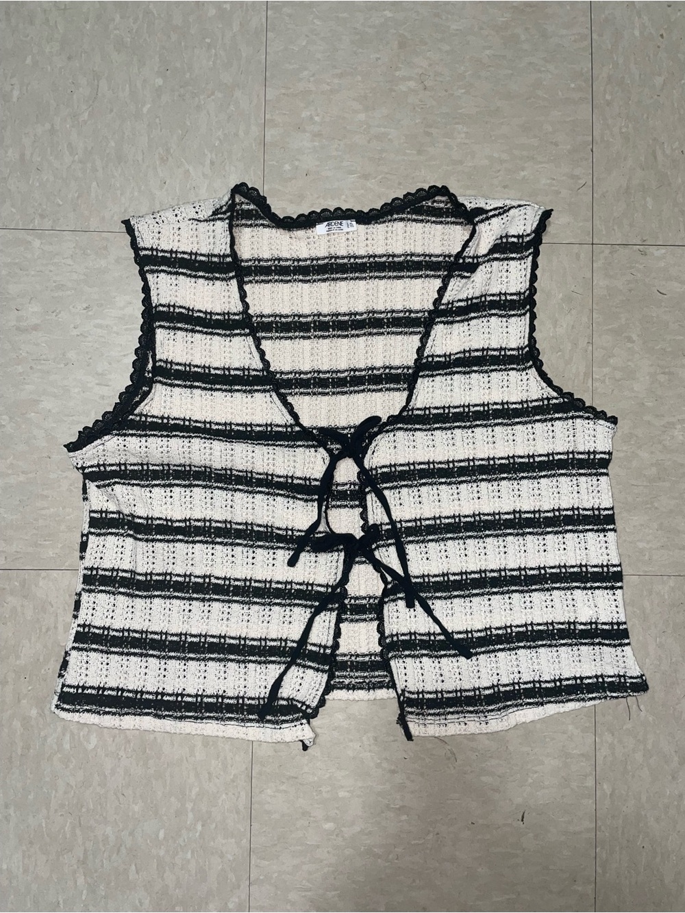 Ardene Cream and Black Striped Knit Top with Lace Trim